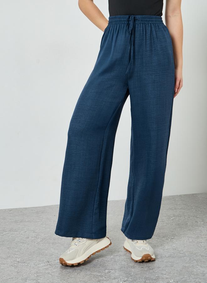 Styli Navy Blue Wide Leg Linen Look Pants - Image 1